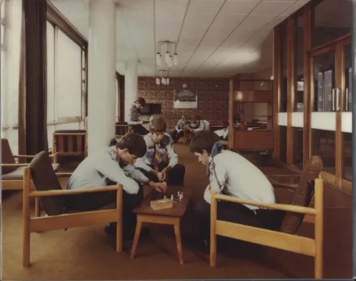 Framed Print : Scouts relaxing at Baden Powell House, London Framed Print : Scouts relaxing at Baden Powell House, London