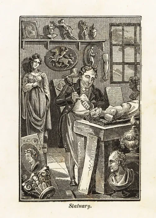 Framed Print : Sculptor in apron carving a statue in a workshop Framed Print : Sculptor in apron carving a statue in a workshop