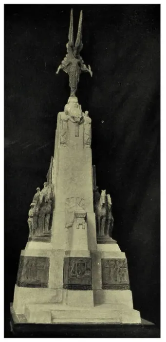 Framed Print : A sculpture design for the Victorian War Memorial, in Victoria, Australia. The image shows a model of the monument, which is topped by a large, winged warrior figure, with men on horseback about half way up Framed Print : A sculpture design for the Victorian War Memorial, in Victoria, Australia. The image shows a model of the monument, which is topped by a large, winged warrior figure, with men on horseback about half way up