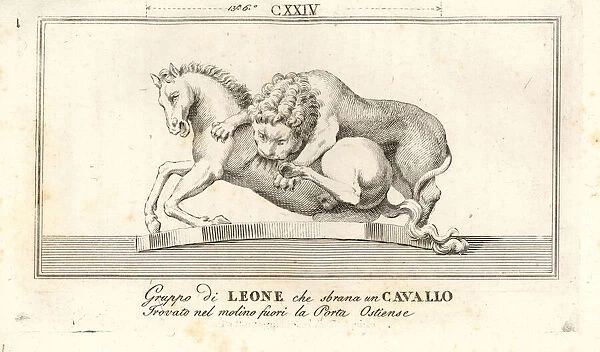 Sculpture of a lion attacking a horse