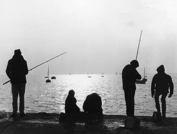 Sea angling at Leigh-on-Sea, Essex, England. Date: 1960s