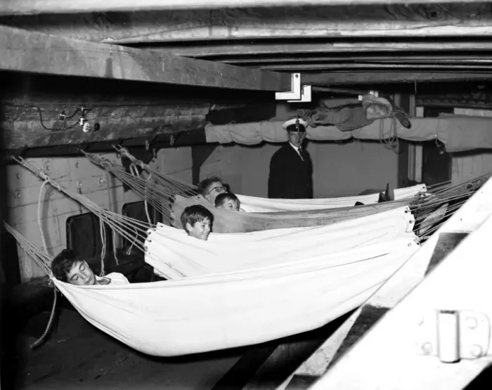 Framed Print : Sea Cadets in hammocks on a barge, Walton, Essex Framed Print : Sea Cadets in hammocks on a barge, Walton, Essex