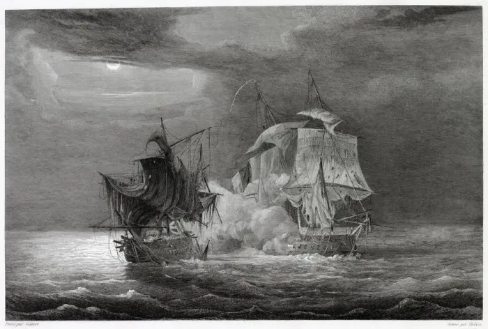 Framed Print : SEA FIGHT BY MOONLIGHT The French warship Venus and the British ship Framed Print : SEA FIGHT BY MOONLIGHT The French warship Venus and the British ship