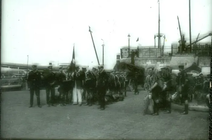 Framed Print : Sea Scouts assembling on a quay Framed Print : Sea Scouts assembling on a quay