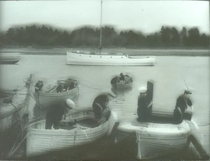 Framed Print : Sea Scouts bailing out water from boats, Lower Thames Framed Print : Sea Scouts bailing out water from boats, Lower Thames