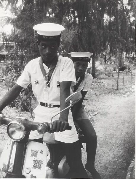 Sea scouts with moped, Gilbert Islands, Pacific