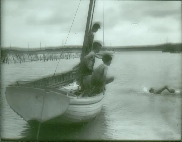 Framed Print : Sea Scouts swimming off the side of a dinghy Framed Print : Sea Scouts swimming off the side of a dinghy