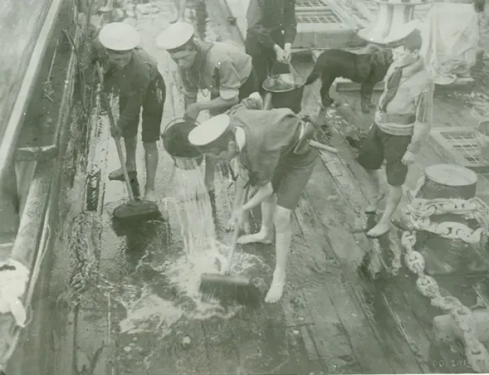 Framed Print : Sea Scouts washing the deck Framed Print : Sea Scouts washing the deck