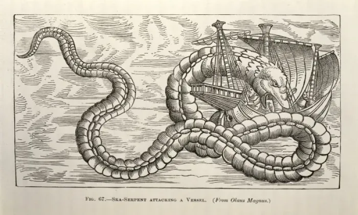 Framed Print : Sea-serpent attacking a vessel Framed Print : Sea-serpent attacking a vessel