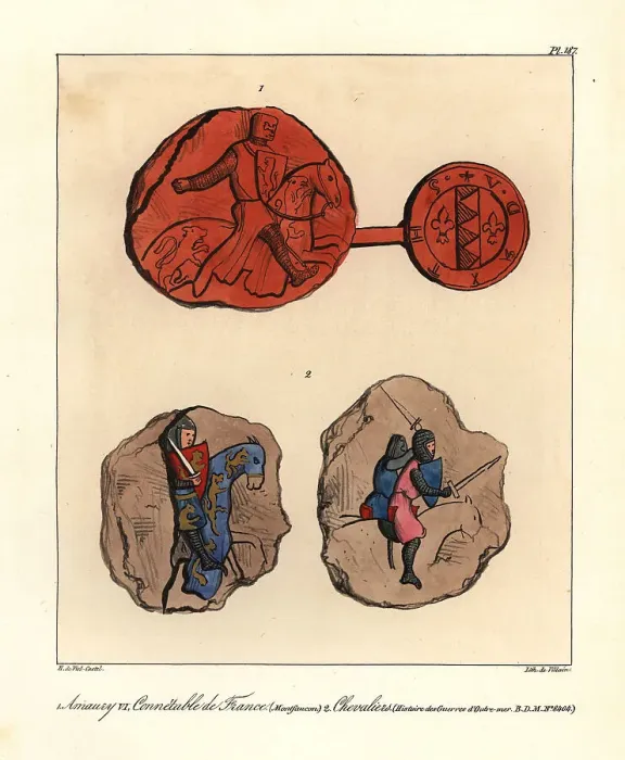 Framed Print : Seal of Amaury de Montfort, and crusader knights from a 13th cen