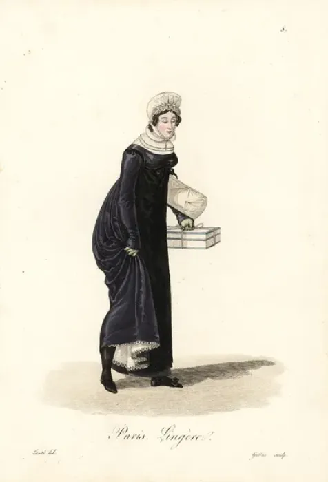 Framed Print : Seamstress, Paris, early 19th century, in lace Framed Print : Seamstress, Paris, early 19th century, in lace