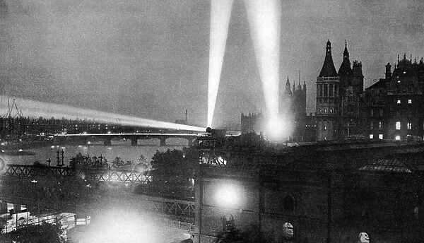 Searchlights looking for Zeppelins over London, WW1
