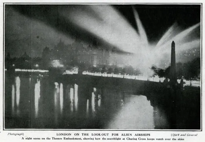 Framed Print : Searchlights over Thames Embankment, London, WW1 Framed Print : Searchlights over Thames Embankment, London, WW1