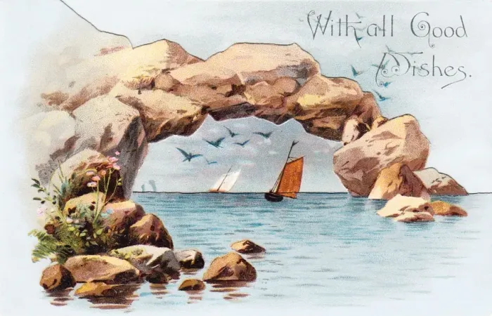Framed Print : Seascape with rocks and sailing boats on a greetings card Framed Print : Seascape with rocks and sailing boats on a greetings card