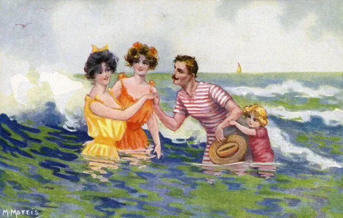 Framed Print : Seashore - Edwardian seaside scene depicts two young ladies a man and a child in the sea Framed Print : Seashore - Edwardian seaside scene depicts two young ladies a man and a child in the sea