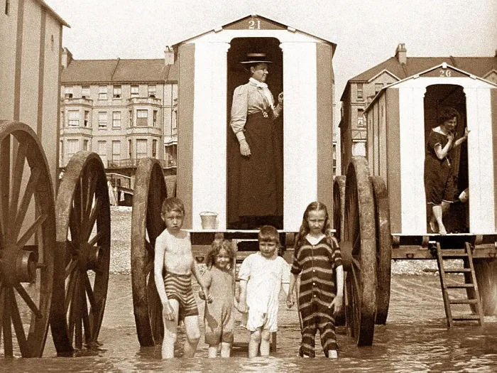Framed Print : Seaside Bathing Machines early 1900s Framed Print : Seaside Bathing Machines early 1900s
