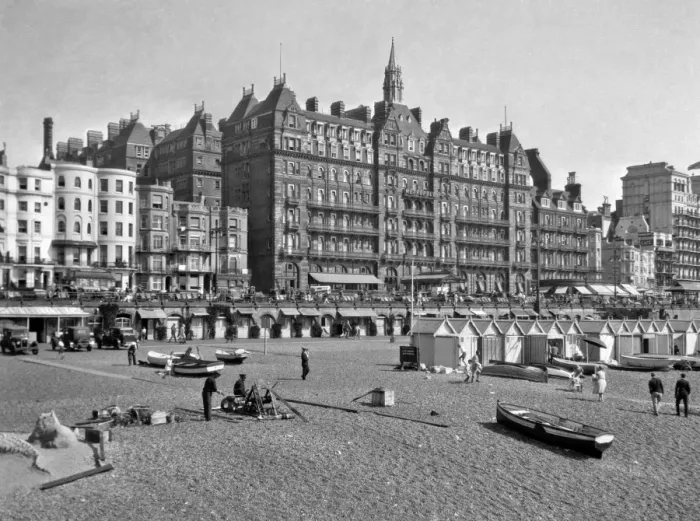 Framed Print : Seaside resort with hotels, boats and beach huts Framed Print : Seaside resort with hotels, boats and beach huts