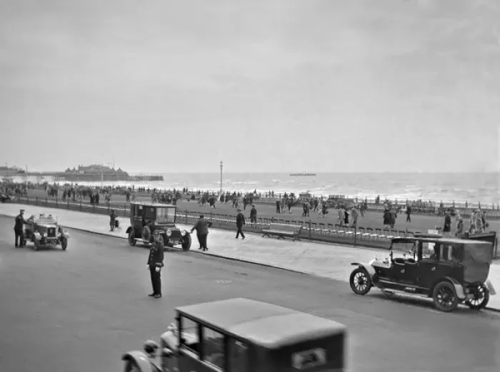 Framed Print : Seaside resort with people and cars Framed Print : Seaside resort with people and cars