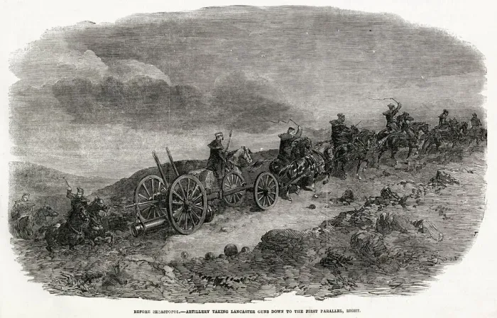 Framed Print : Before Sebastopol: Artillery taking Lancaster guns down to the first parallel Framed Print : Before Sebastopol: Artillery taking Lancaster guns down to the first parallel