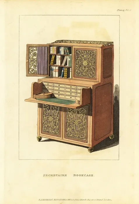 Framed Print : Secretaire bookcase for a Regency lady's boudoir, 1814 Framed Print : Secretaire bookcase for a Regency lady's boudoir, 1814