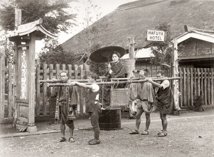 Framed Print : Sedan chair and bearers, Hafuya Hotel, Japan, c. 1880 s Framed Print : Sedan chair and bearers, Hafuya Hotel, Japan, c. 1880 s