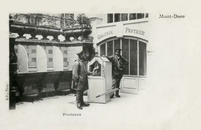 Framed Print : Sedan Chair porters and occupant - at Mont-Dore, France Framed Print : Sedan Chair porters and occupant - at Mont-Dore, France