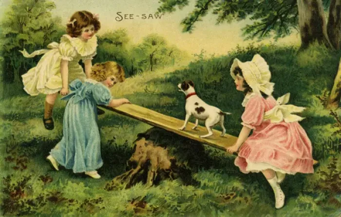 Framed Print : See-Saw. Children in period costume playing see-saw with their puppy dog. Date: 1907 Framed Print : See-Saw. Children in period costume playing see-saw with their puppy dog. Date: 1907