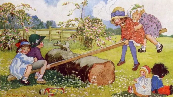 Framed Print : See-Saw. Artist: Millicent Sowerby. Happy children out in the country enjoying Framed Print : See-Saw. Artist: Millicent Sowerby. Happy children out in the country enjoying