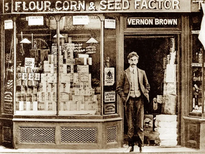Framed Print : Seed and corn merchant, Uxbridge, early 1900s Framed Print : Seed and corn merchant, Uxbridge, early 1900s
