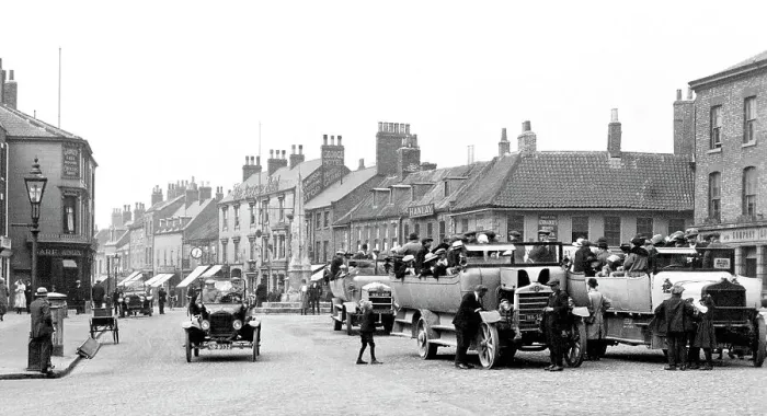 Framed Print : Selby Market Place Charabancs probably 1920s Framed Print : Selby Market Place Charabancs probably 1920s