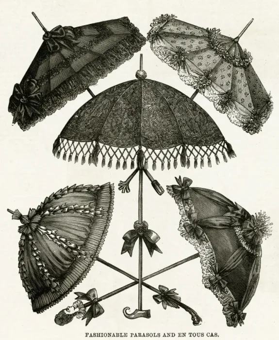 Framed Print : Selection of black Surah parasols 1886 Framed Print : Selection of black Surah parasols 1886