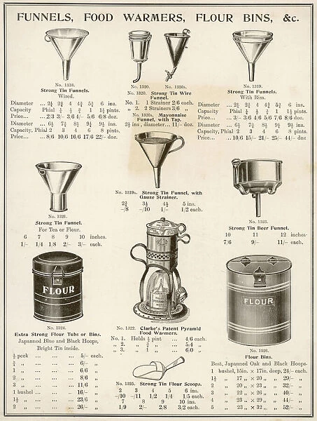 A selection of funnels, food warmers and flour bins