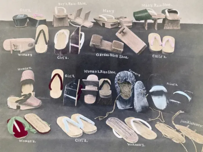 Framed Print : Selection of Japanese shoe types circa 1890s Framed Print : Selection of Japanese shoe types circa 1890s