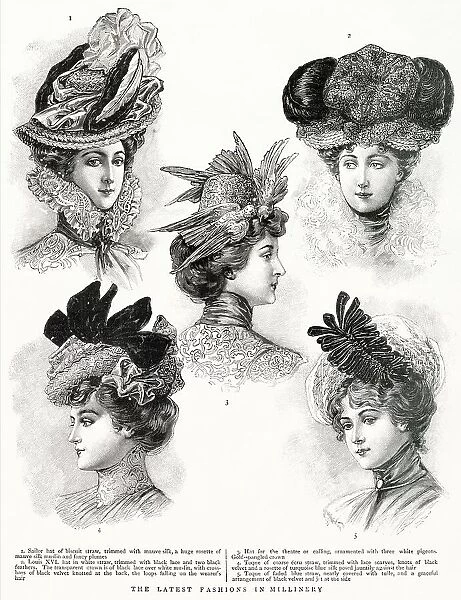 A selection of late Victorian hats for women. Date: 1900
