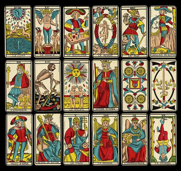 Selection of tarot cards from traditional Marseille pack