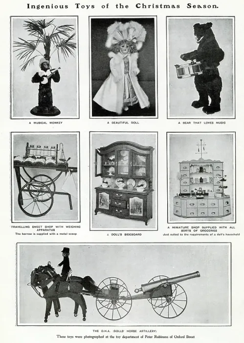 Framed Print : Selection of well made toys available at Peter Robinson, department store, Oxford Street, London. Date: 1901 Framed Print : Selection of well made toys available at Peter Robinson, department store, Oxford Street, London. Date: 1901