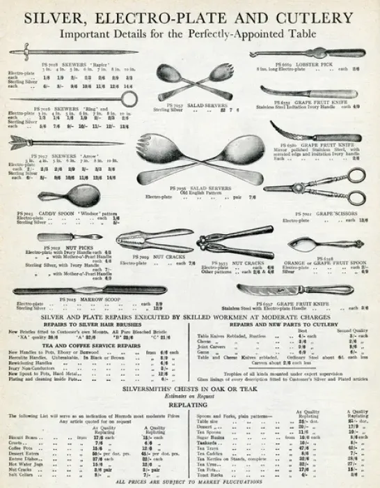 Framed Print : Seletion of sterling silver, electro-plate cutlery 1929 Framed Print : Seletion of sterling silver, electro-plate cutlery 1929