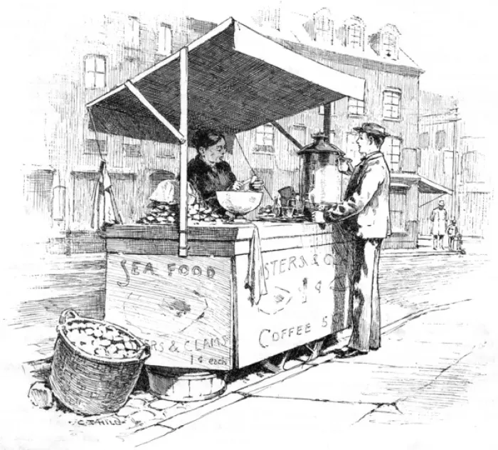 Framed Print : Selling coffee and clams in New York, 1890 Framed Print : Selling coffee and clams in New York, 1890