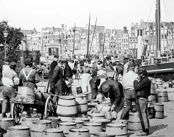 Framed Print : Selling milk on the quayside, Amsterdam, Victorian period Framed Print : Selling milk on the quayside, Amsterdam, Victorian period
