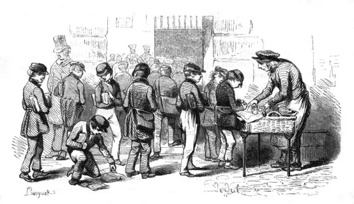 Framed Print : Selling pastries from a street stall in France, 1850 Framed Print : Selling pastries from a street stall in France, 1850