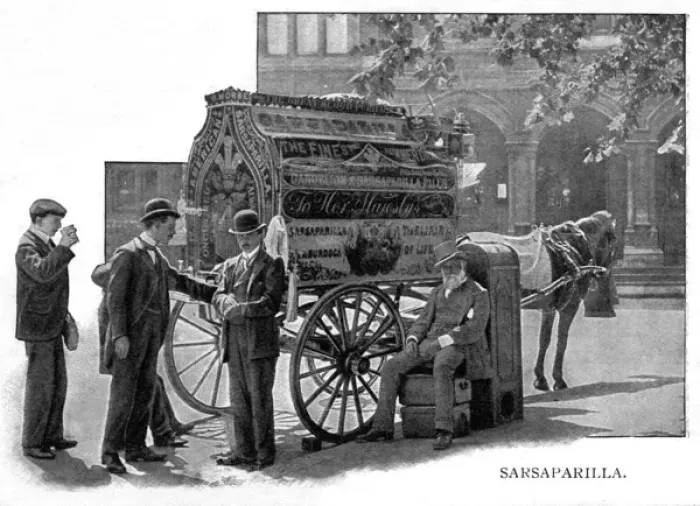 Framed Print : Selling sarsaparilla from a horse and wagon, 1903 Framed Print : Selling sarsaparilla from a horse and wagon, 1903
