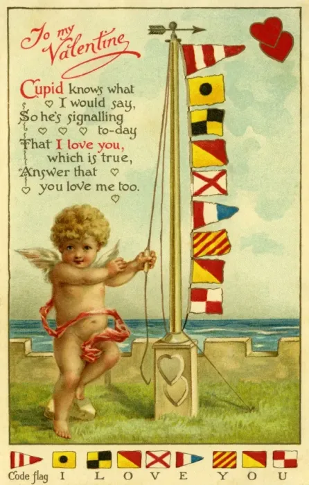 Framed Print : Semaphore. Edwardian Valentine card depicting a cherub sending the message Framed Print : Semaphore. Edwardian Valentine card depicting a cherub sending the message