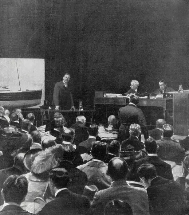 Framed Print : A sensational moment in the Titanic inquiry: Sir Cosmo Duff-Gordon giving evidence in the London Scottish Drill Hall. Date: 1912