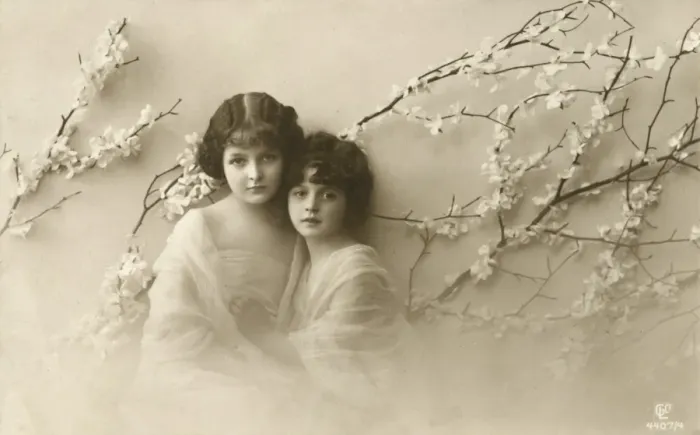 Framed Print : Sentimental Postcard - Two young girls amid blossoms Framed Print : Sentimental Postcard - Two young girls amid blossoms