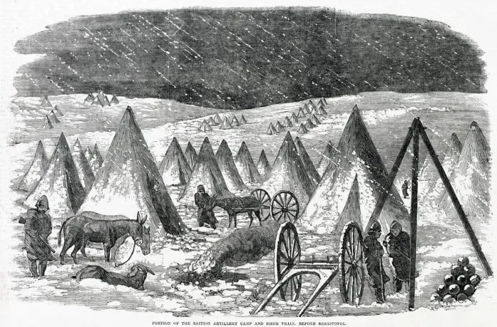 Framed Print : Sentries and donkeys enjoy the bracing weather in the British Artillery Camp Framed Print : Sentries and donkeys enjoy the bracing weather in the British Artillery Camp