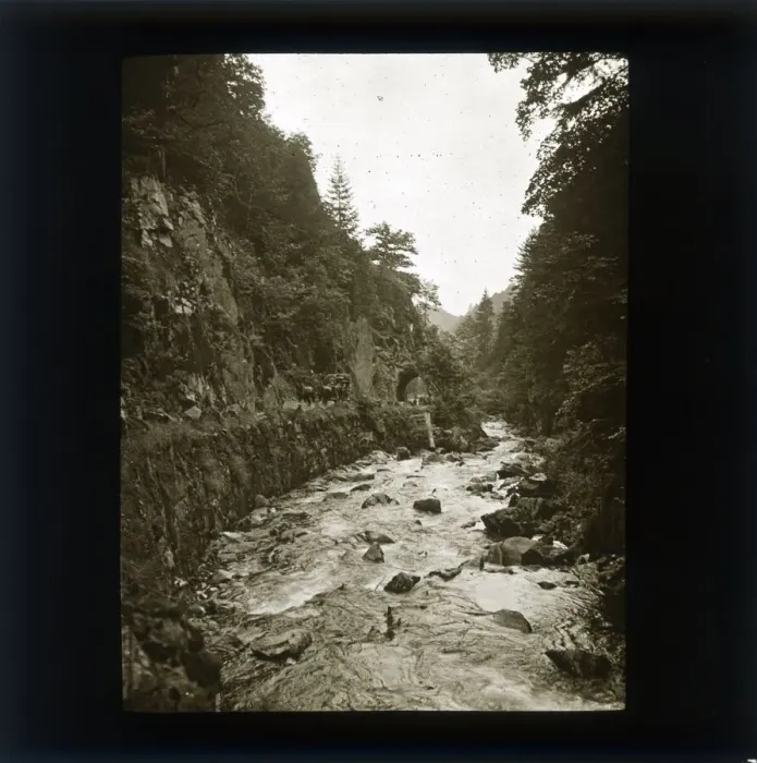 Framed Print : Sepia image of river, gorge and horse drawn cart Framed Print : Sepia image of river, gorge and horse drawn cart