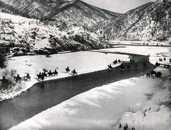 Serbian cavalry crossing a river in the snow, WW1