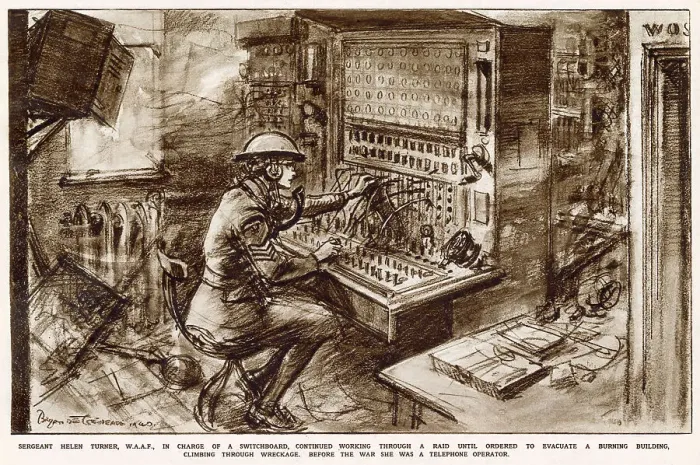 Framed Print : Sergeant Helen Turner, W.A.A.F. in charge of a switchboard, continuing to work through a raid until ordered to evacuate a burning building Framed Print : Sergeant Helen Turner, W.A.A.F. in charge of a switchboard, continuing to work through a raid until ordered to evacuate a burning building