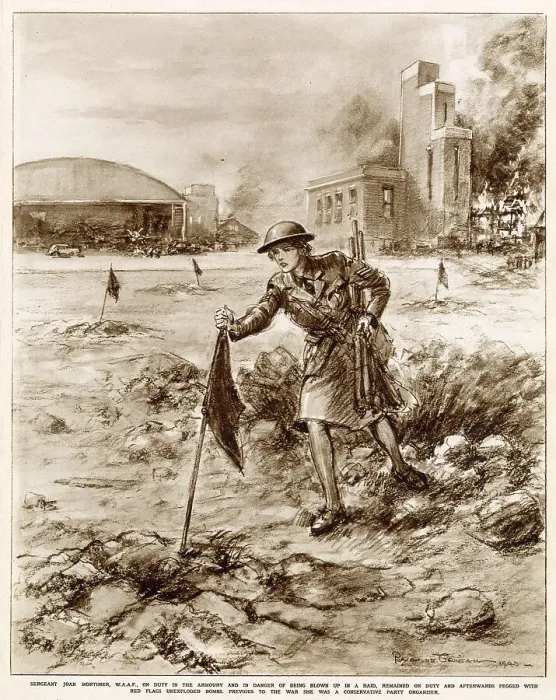 Framed Print : Sergeant Joan Mortimer, W.A.A.F, on duty in the armoury and in danger of being blown up in a raid, remained on duty and afterwards pegged with red flags unexploded bombs Framed Print : Sergeant Joan Mortimer, W.A.A.F, on duty in the armoury and in danger of being blown up in a raid, remained on duty and afterwards pegged with red flags unexploded bombs