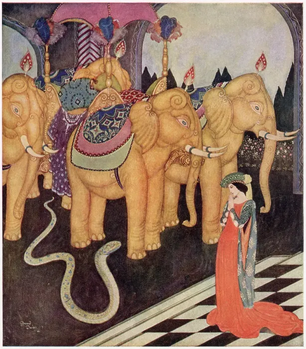 Framed Print : The Serpent Prince: An Italian fairy tale. When Grannmia saw her strange lover, she alone remained calm and courageous. The king's daughter is betrothed to the adopted serpent son of a poor forester. Illustration by Edmund Dulac. Date: 1916 Framed Print : The Serpent Prince: An Italian fairy tale. When Grannmia saw her strange lover, she alone remained calm and courageous. The king's daughter is betrothed to the adopted serpent son of a poor forester. Illustration by Edmund Dulac. Date: 1916